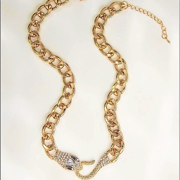 Gold Snake Serpent Cuban Chain Link Zircon Choker Necklace - Picture 2 of 11